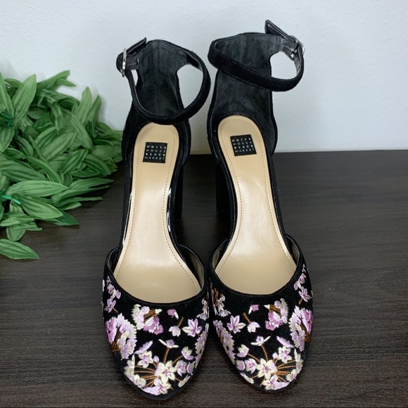 White House Black Market Shoes - WHBM EMBROIDERED SUEDE CHUNKY HEELS